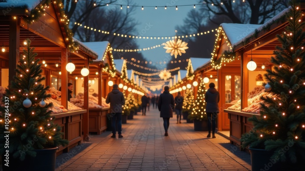 A festive evening stroll through a winter market adorned with twinkling lights, trees, and holiday decorations A festive evening stroll through a winter market adorned with twinkling lights, trees, and holiday decorations