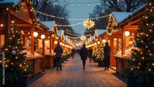 A festive evening stroll through a winter market adorned with twinkling lights, trees, and holiday decorations