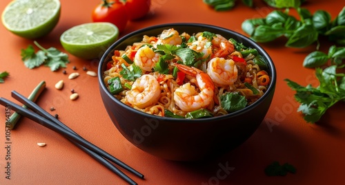 Delicious shrimp noodle dish served in a black bowl on an orange backdrop wit...