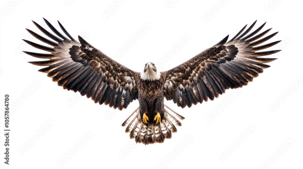 Fototapeta premium A majestic eagle soaring with outstretched wings against a white background.