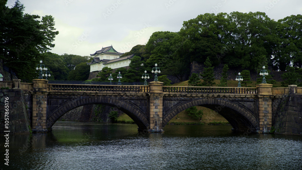 Fototapeta premium Beautiful, old, stone bridge over river at dusk
