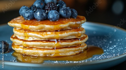 Delicious stack of fluffy pancakes topped with fresh blueberries and syrup se...