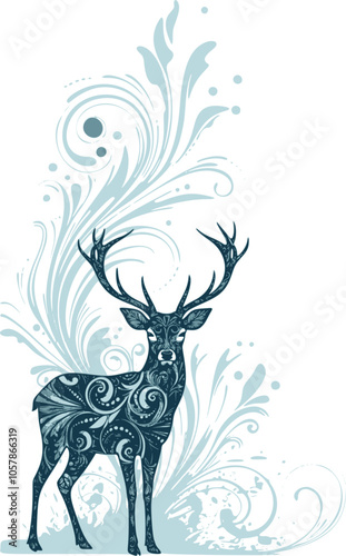 Merry Christmas beautiful reindeer background. Vintage Merry Christmas abstract texture reindeer with floral composition. Multilayer SVG file without gaps between paths.