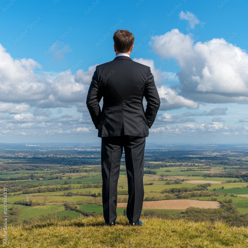 Investor standing on a hill, overlooking a vast countryside Investor standing on a hill, overlooking a vast countryside