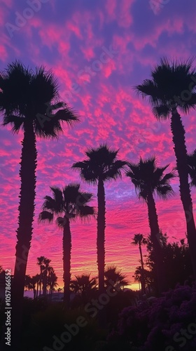 Vibrant sunset over a palm lined street with colorful clouds in the evening sky