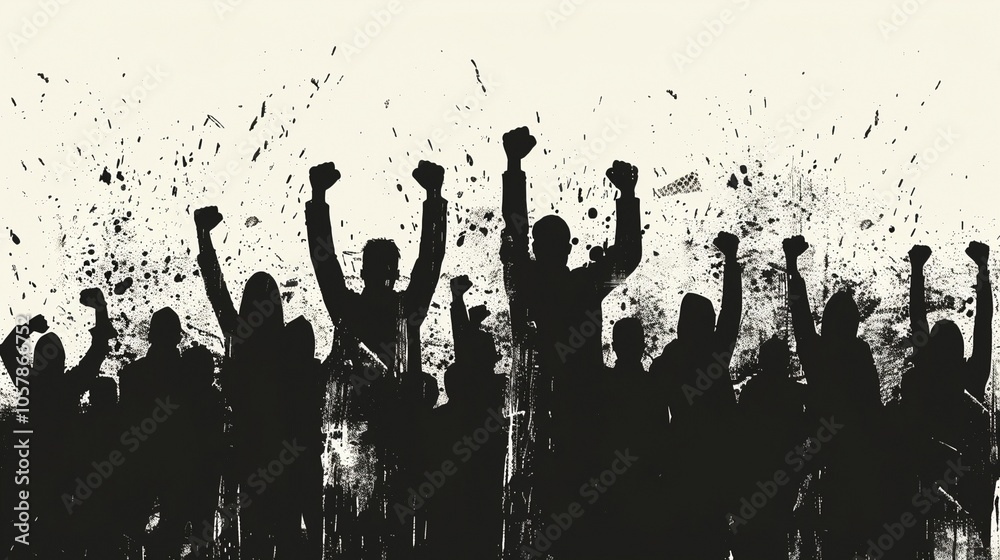 Silhouette of protesting people crowd background image, ai generated