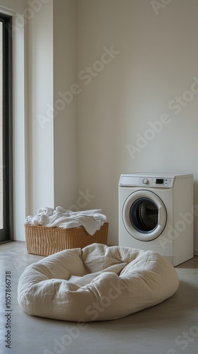 Cozy laundry area with white washer, woven basket, and beige cushions in a br...