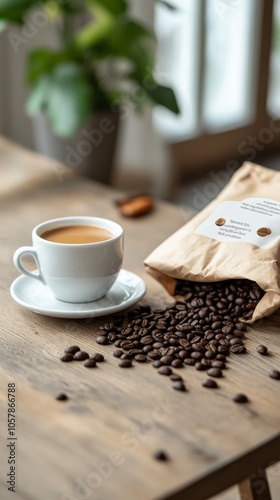 Freshly brewed coffee with spilled beans beside a cup on a wooden table in na...