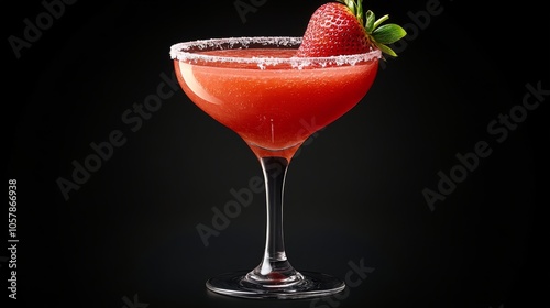 Refreshing strawberry margarita with salt rim served in elegant glass on dark...