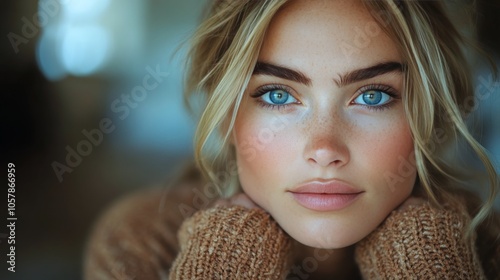 Young woman with striking blue eyes and natural makeup poses against a dark b...