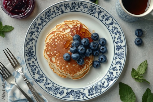 Delicious pancakes served with fresh blueberries and syrup on a vintage plate
