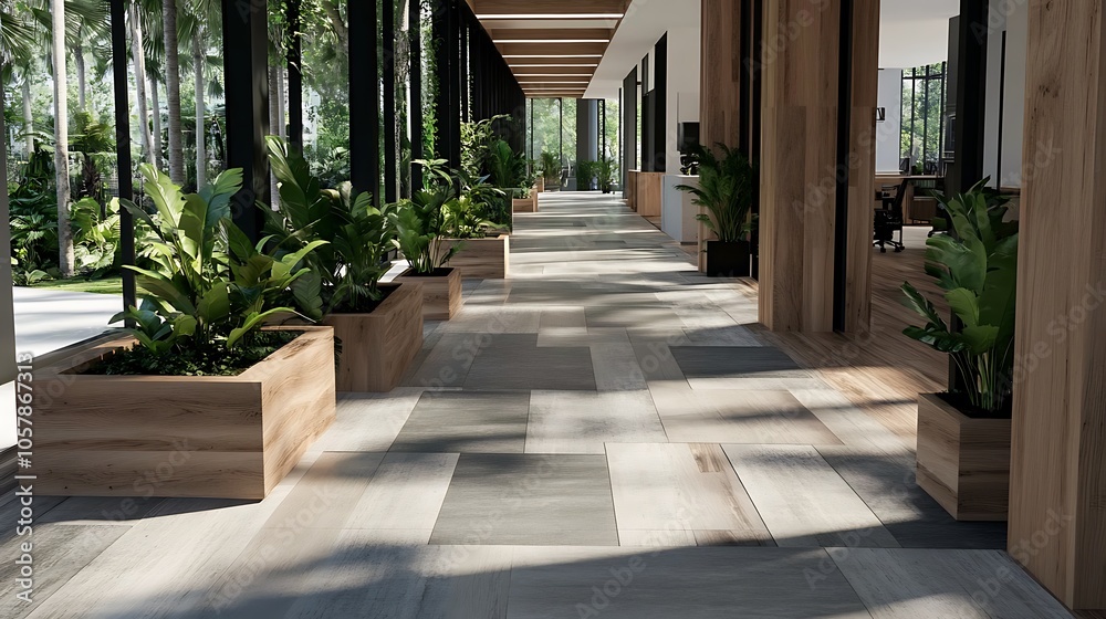 Fototapeta premium Modern Minimalistic Concrete Coworking Office room with Blank Walls, High Ceilings,and Mockup Frame