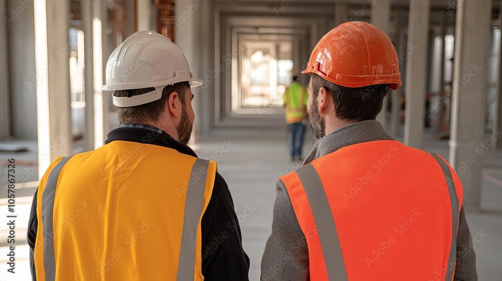 Investor with construction worker on empty site, early development phase Investor with construction worker on empty site, early development phase