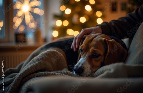 The Beagle dog is very afraid of fireworks. He is shaking with fear and crying. The owner is trying to calm the pet. Please do not throw firecrackers