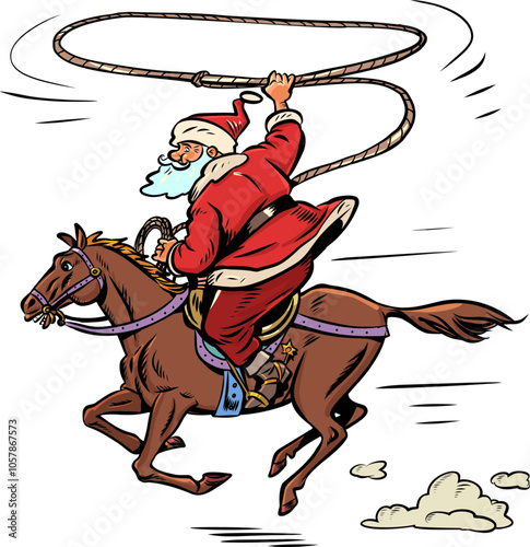 Speed on items in New Year and Christmas. Customers try to buy gifts. Santa Claus rides a horse with a lasso.