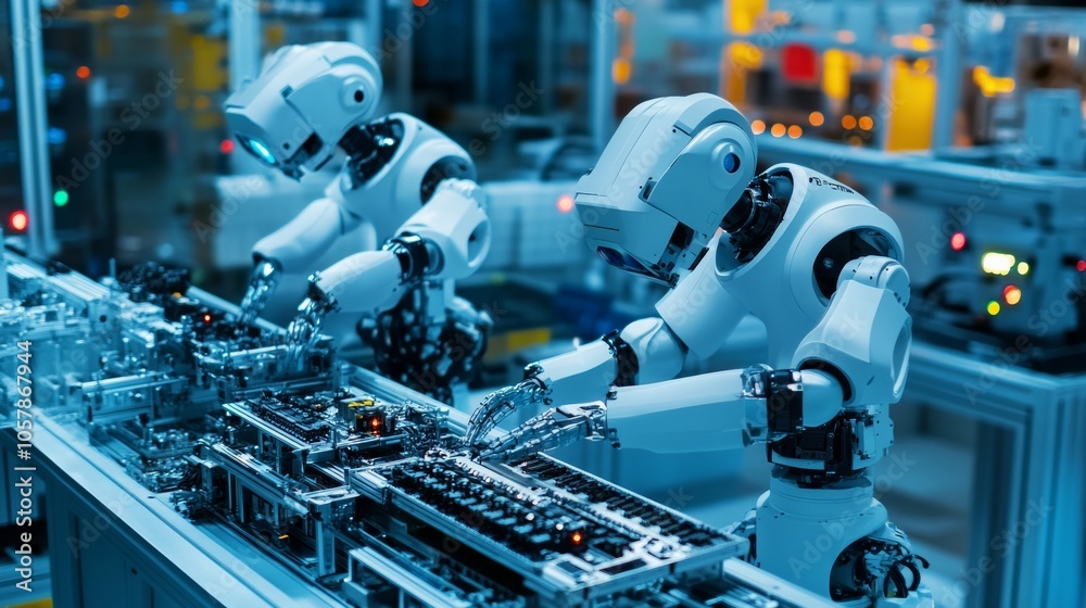 A demonstration of robot technology in which robots assemble parts and perform tasks automatically in a high-tech manufacturing plant. A demonstration of robot technology in which robots assemble parts and perform tasks automatically in a high-tech manufacturing plant.