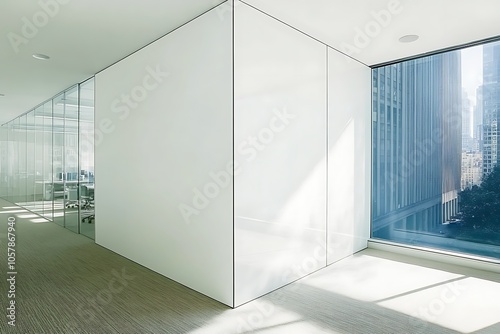 Modern Minimalistic Concrete Coworking Office room with Blank Walls, High Ceilings,and Mockup Frame