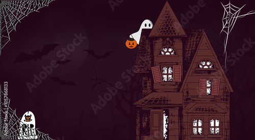 A spooky Halloween scene with a haunted house, ghosts, bats, and spider webs. The dark sky adds to the eerie atmosphere, perfect for a Halloween backdrop.