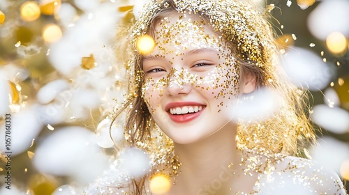 Soft focus image capturing the joy and excitement on a young womans face as she is surrounded by cascading white and golden confetti, reflecting a sense of celebration and happiness.