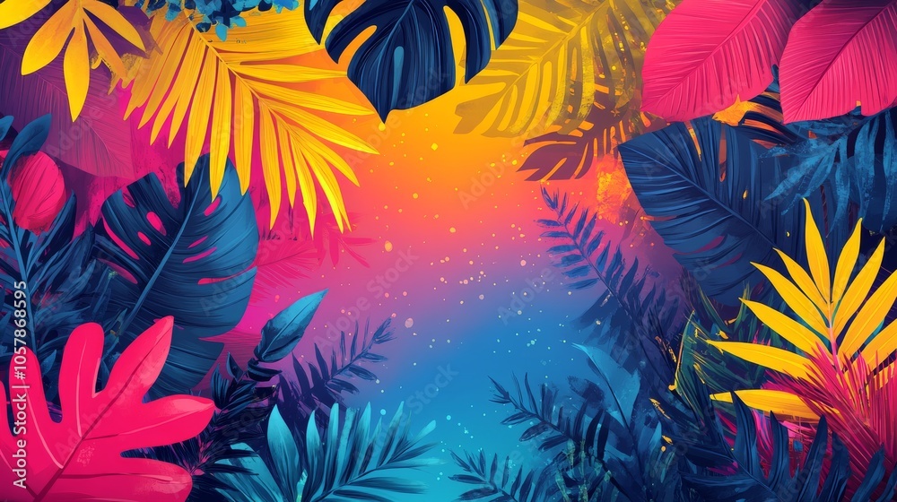 Fototapeta premium A colorful array of exotic leaves and abstract shapes, creating a vibrant summer-themed design