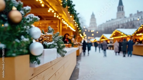 Festive holiday market with decorated stalls and twinkling lights in a snowy setting, AI