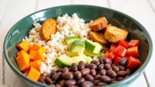 A colorful plate of food featuring rice, beans, avocado, and sausage.