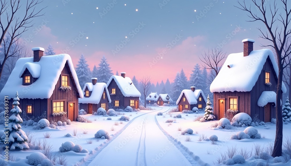 Fototapeta premium Charming winter village with snow-covered houses and a picturesque pathway at twilight