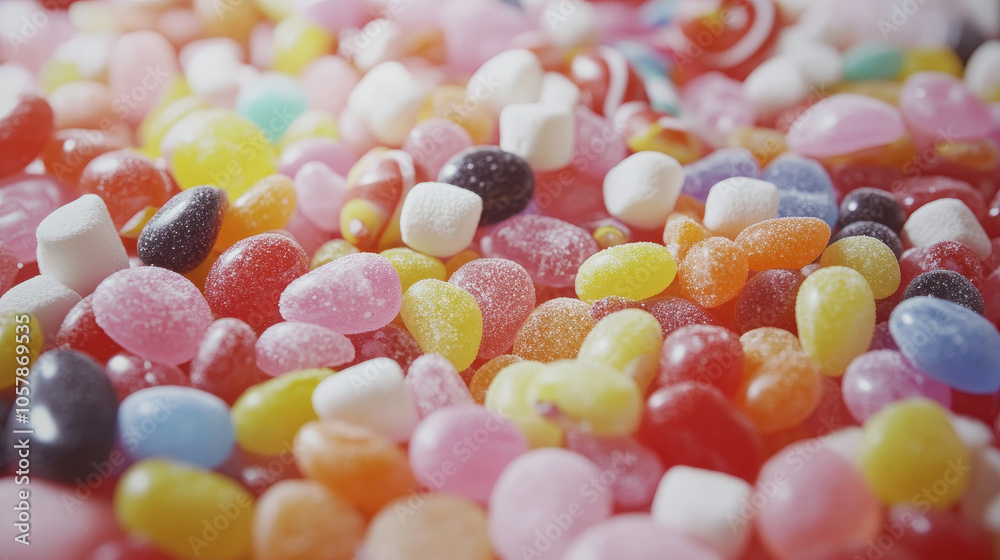 Close-up from a high angle featuring a delightful assortment of jellybeans, lollipops, candies, and marshmallows in vibrant colors.
Close-up from a high angle featuring a delightful assortment of jellybeans, lollipops, candies, and marshmallows in vibrant colors.