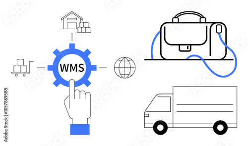 Gear labeled WMS with pointing hand, globe, parcels, warehouse, delivery truck, and briefcase. Ideal for logistics, warehouse management, automation, inventory control, supply chain courier