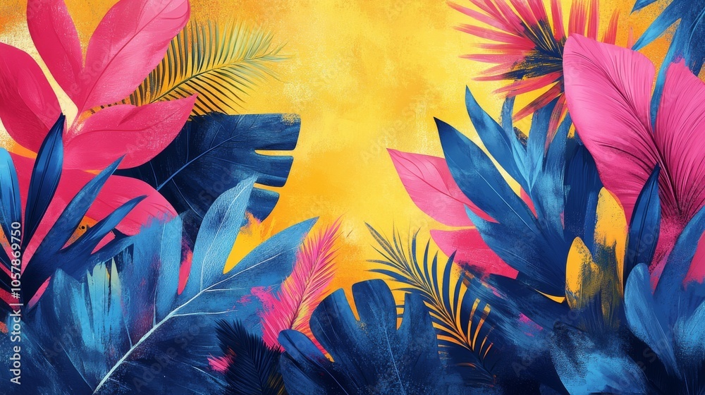 A colorful array of exotic leaves and abstract shapes, creating a vibrant summer-themed design A colorful array of exotic leaves and abstract shapes, creating a vibrant summer-themed design