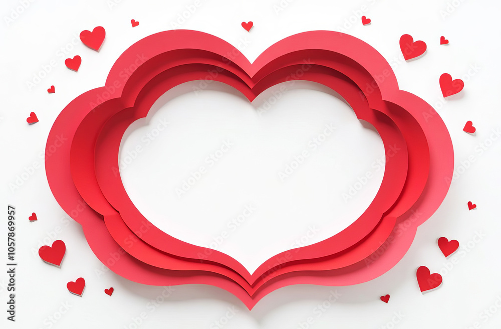 Multilayered red heart-shaped frame in paper cut style. Minimalistic mockup complemented with hearts. Suitable for product or service design and advertising, greeting cards Multilayered red heart-shaped frame in paper cut style. Minimalistic mockup complemented with hearts. Suitable for product or service design and advertising, greeting cards