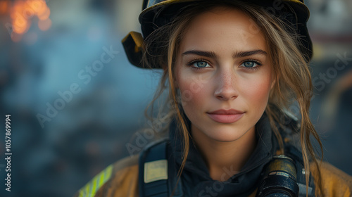  Firefighter in protective gear with focused expression against emergency scene