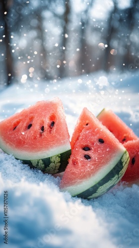 Slices of watermelon resting on fresh snow in winter forest