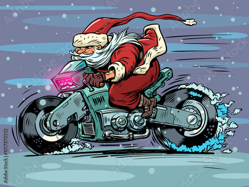 Fast delivery of gifts for New Year and Christmas. Santa Claus rides a cyber motorcycle. Hurry up for discounts and special offers.