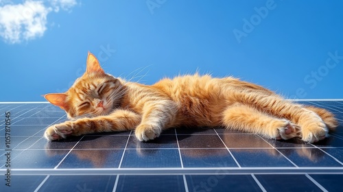 Ginger cat sleeping on solar panel under blue sky