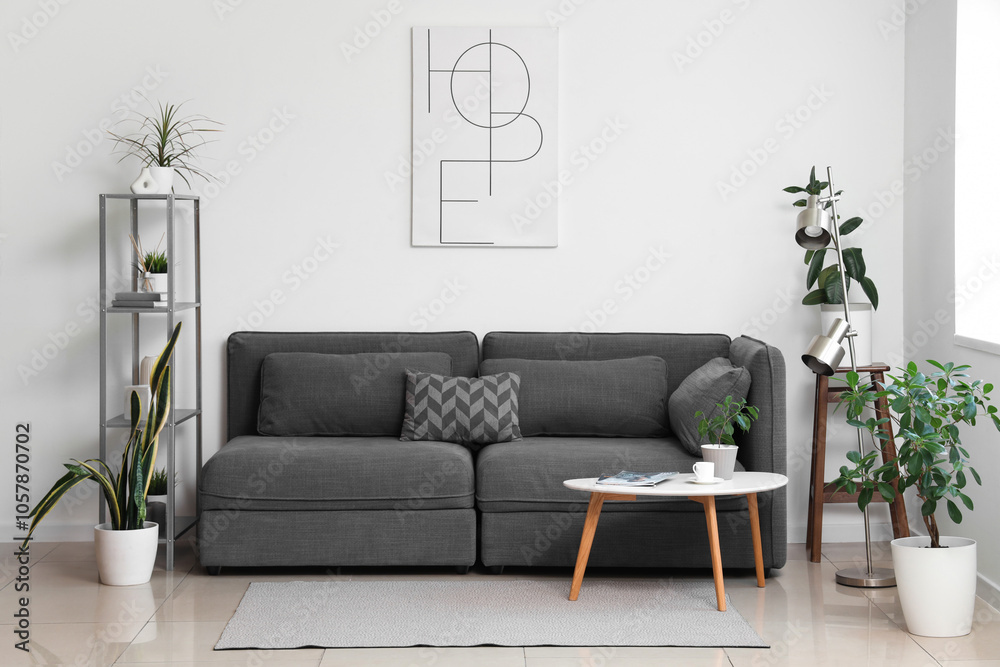 Interior of modern stylish living room with sofa, shelving unit and different houseplants Interior of modern stylish living room with sofa, shelving unit and different houseplants