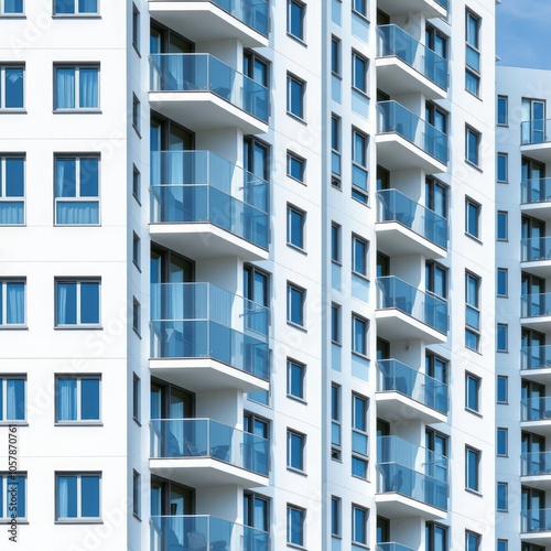 Blue modern windows on white contemperary condominium or building Condominium 