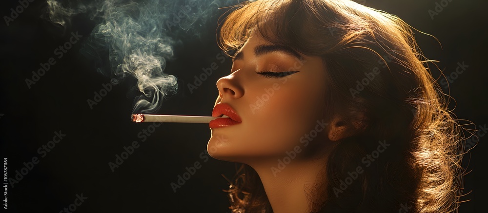 Obraz premium A woman with classic, vintage-style makeup is depicted with a cigarette between her lips, exuding an aura of sophistication and allure.