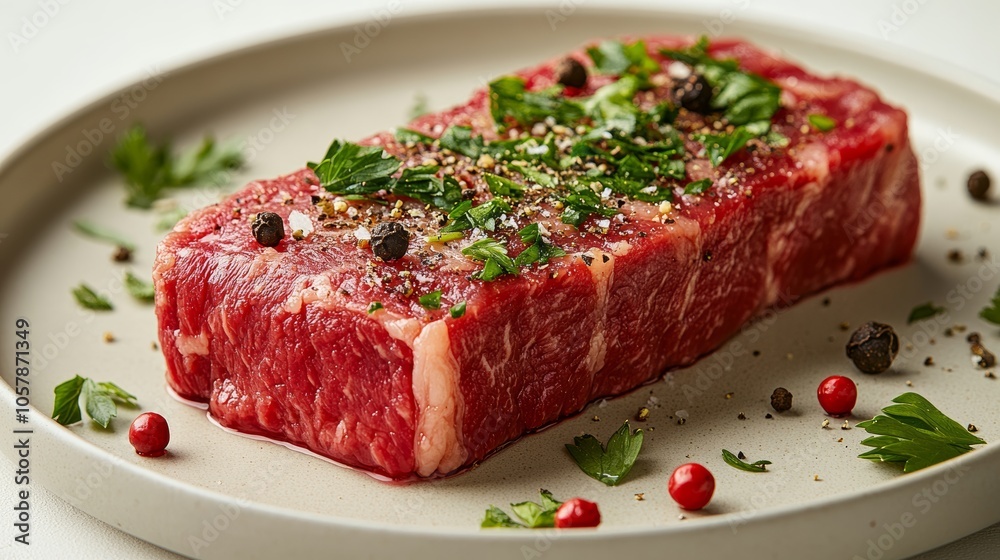 Raw beef steak seasoned with salt, pepper and parsley on plate Raw beef steak seasoned with salt, pepper and parsley on plate
