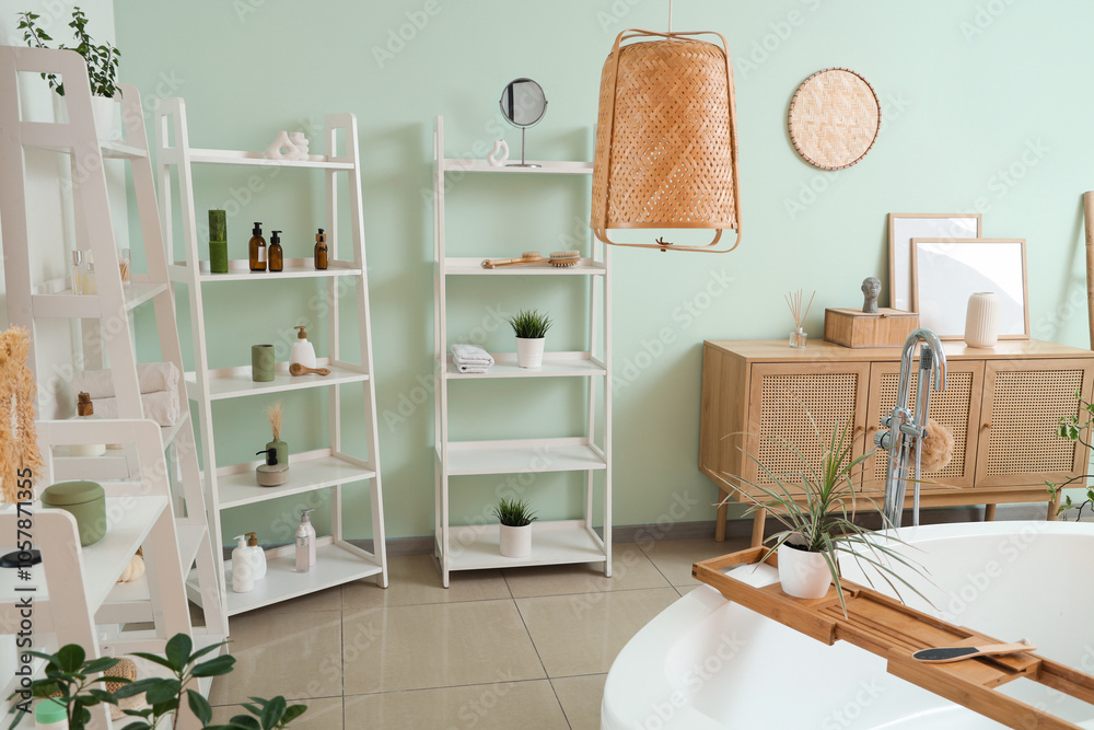 Obraz premium Interior of modern stylish bathroom with houseplants and different cosmetic products on shelving units