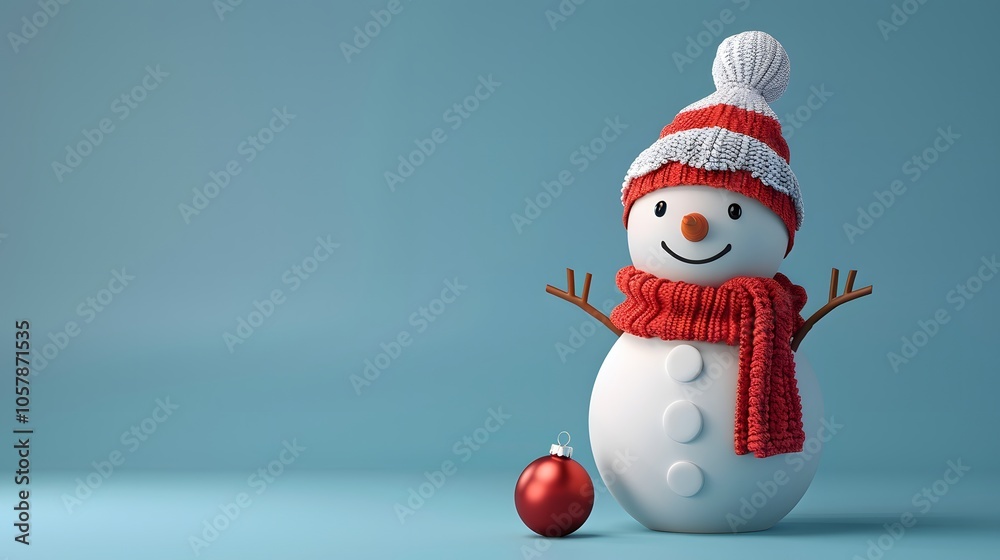 cute snowman with knitted hat and scarf on blue background, copy space, Perfect for Christmas design cute snowman with knitted hat and scarf on blue background, copy space, Perfect for Christmas design