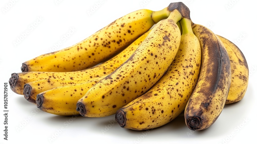 Bunch of ripe bananas showing brown spots on white background Bunch of ripe bananas showing brown spots on white background