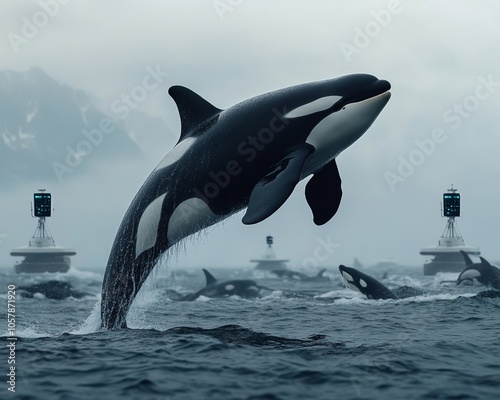 A pod of orcas leap from the water in front of a foggy mountain range. photo