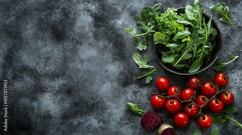 Salad of fresh cherry tomatoes, arugula, spinach, young beet leaves and other greens on a dark concrete background 