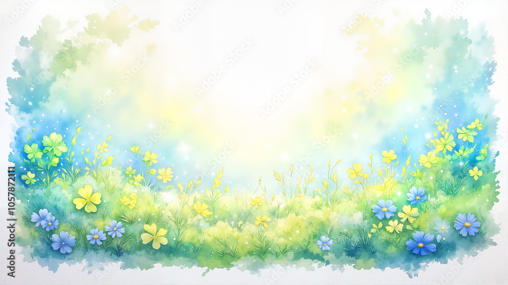Sunny spring meadow with yellow wildflowers and clover in watercolor for st patrick's day with Copy Space Sunny spring meadow with yellow wildflowers and clover in watercolor for st patrick's day with Copy Space