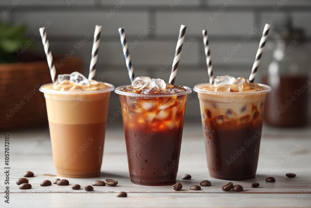 Iced coffee trio in clear cups, each showing a different milk ratio, ice cubes, and straws Iced coffee trio in clear cups, each showing a different milk ratio, ice cubes, and straws