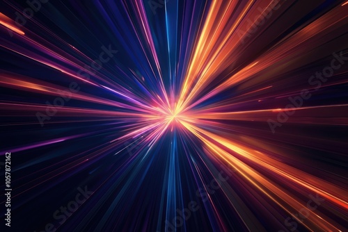 abstract dark background of light with stripes of colourful rays moving from the center