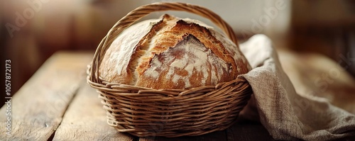 Round loaf of freshly baked bread resting in wicker basket on rustic wooden table