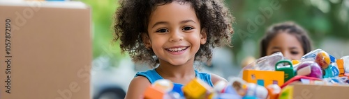 A cheerful child with curly hair smiles while surrounded by colorful toys, emphasizing joy and playfulness in a vibrant setting.