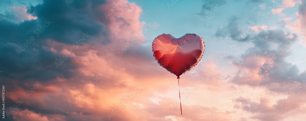 Fototapeta premium Heart shaped balloon floating in cloudy sky at sunset